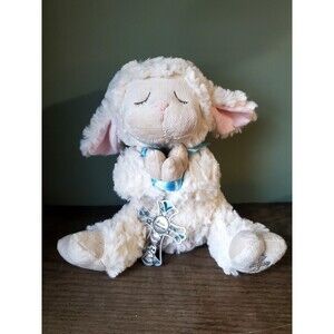 Ganz Praying 'Jesus Loves Me' Lamb Plush Blue Bow Cross Pendant 10" Sitting